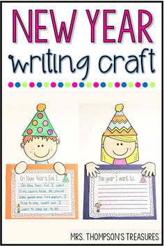 new year writing craft with two children wearing party hats and holding up a sign that says,