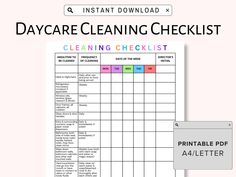 a printable cleaning checklist with the words, daycare cleaning checklist