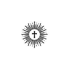 a black and white image of a cross in the middle of a sunburst