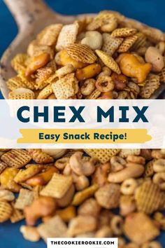 chex mix in a wooden spoon with text overlay that reads easy snack recipe