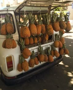 pineapples are hanging from the roof of a van