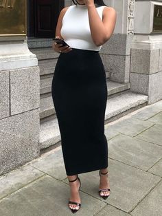 Elegant Slim Fit Solid Skirt Pencil Skirt Outfits Classy Summer, Slim Fit Skirt Outfit, High Fashion Professional Outfits, Cute Pencil Skirt Outfits, Classy Work Outfits Black Women, Work Outfits Women Long Skirt, Youthful Classy Outfits For Women, Pencil Skirt Outfits Black Women, La Spring Outfits 2024