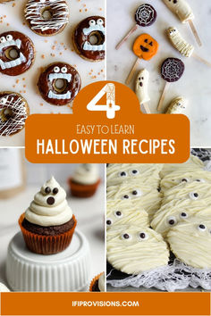 four easy to learn halloween recipes for kids and adults with pictures of cupcakes