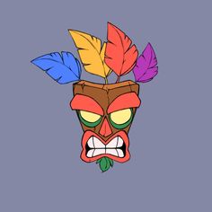 an angry mask with feathers on it's head and two different colored leaves sticking out of its mouth