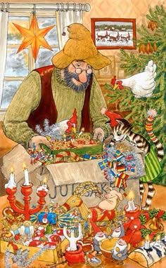 a painting of a man sitting at a table surrounded by cats and christmas decorations,