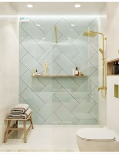 a bathroom with a white toilet sitting next to a walk in shower and shelves on the wall