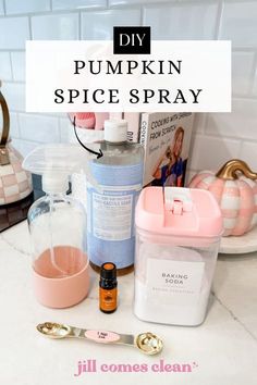 diy pumpkin spice spray recipe with ingredients on the counter