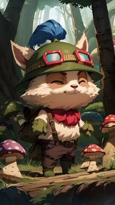 League of Legends, Teemo, solo, smile, gloves, 1boy, hat, :3, laugh, full body, closed eyes, boots, belt, pants, goggles, furry, green headwear, goggles on headwear, yordle, magic gigants forest, chibi, big mushrooms, cute, smile, no humans, Lol Characters League Of Legends, Legend Of Legends, Wallpaper Lol, Lol Wallpaper, Lol Wallpapers, Wallpaper Gamer