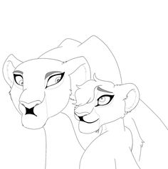 the lion and cub are facing each other with their faces drawn in black and white