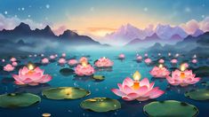 a painting of water lilies with candles in the middle and mountains in the background