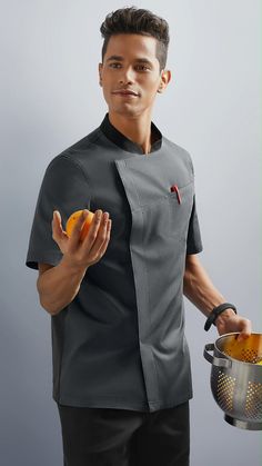 From our Exclusive Performance collection, find a comfortable & stylish kitchen chef coat for men. Features a tailored fit, contrast inside collar, and back yoke detail. Chef Coat Design Men, Chef Uniform Design Men, Men's Food Service Uniform, Chef Coat Design, Cleaning Uniform, Chef Jackets Design, Chef Coats