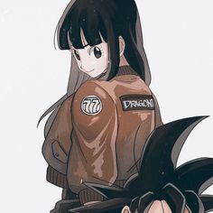 an anime character with long black hair wearing a brown jacket and holding a dragon tail