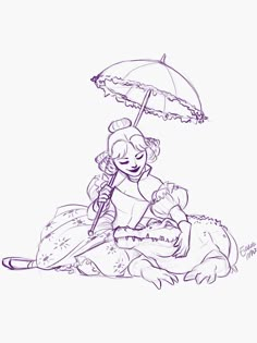 a drawing of a woman sitting on the ground with an umbrella