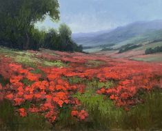 an oil painting of red flowers in a field