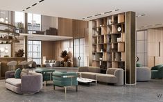 a living room filled with lots of furniture next to a tall book shelf full of books