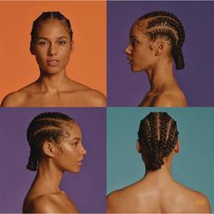 four different pictures of a woman with braids