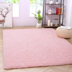 a pink rug is on the floor in front of a window and bookshelf