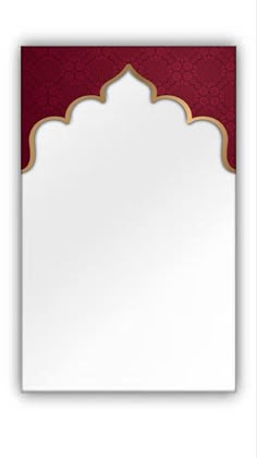 a red and white background with an ornate frame on the top, and gold trimmings