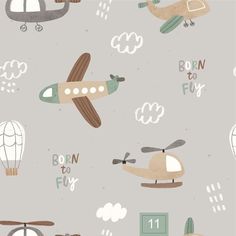 a wallpaper with airplanes and hot air balloons in grey, green, brown and white