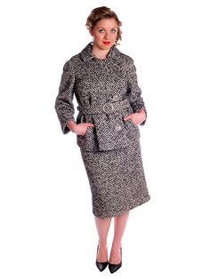 Fitted Tweed Wool Coat For Work, Formal Fitted Tweed Wool Coat, Fitted Tweed Wool Coat, Fitted Tweed Wool Coat With Long Sleeves, Winter Business Fitted Tweed Dress, Fitted Tweed Business Dress For Winter, Retro Wool Tweed Jacket For Work, Fitted Vintage Wool Coat For Work, Fitted Wool Tweed Dress For Winter