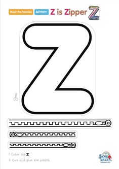 the letter z is for z coloring page with an image of a black and white z