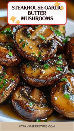 steakhouse garlic and butter mushrooms on a white plate