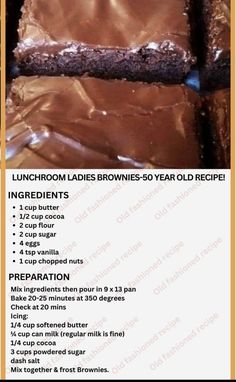 the instructions for chocolate brownies are shown in this advertizer's brochure