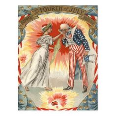 an old fashioned fourth of july greeting card with two people dressed in patriotic clothing and holding hands