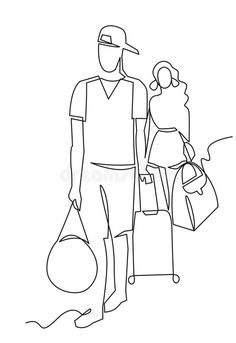 a man and woman are walking with luggage in their hands, one line drawing royalty illustration