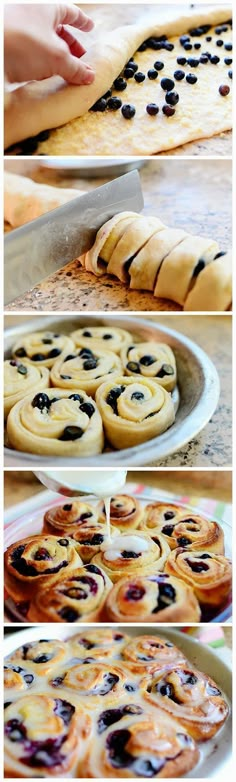 the process of making blueberry cinnamon rolls is shown in three different stages, including being rolled up and cooling