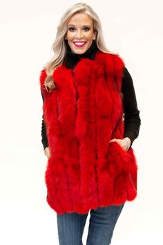 bright red fox fur vest with vertical pattern and leather inserts Red Faux Fur Vest, Fox Fur Vest, Chinchilla Fur, Vertical Pattern, Best Dress, Fur Blanket, Mink Fur, Fur Vest, Earmuffs