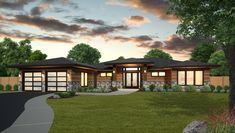 this is an artist's rendering of a modern house in the evening time,