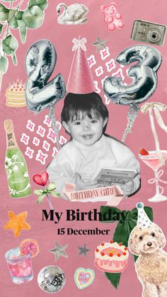 a birthday card with an image of a baby in a party hat surrounded by balloons and other items