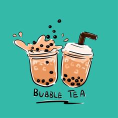 bubble tea with milk and chocolate splash in two glasses on blue background, hand drawn illustration