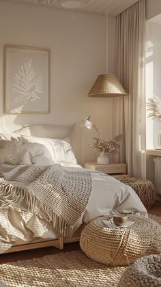 a white bedroom with wicker furniture and large window overlooking the outside in natural light