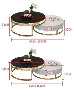 two tables with flowers on them and measurements for each table in the same size as shown