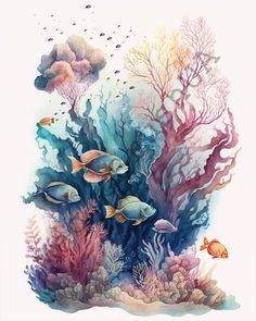 an underwater scene with fish and corals