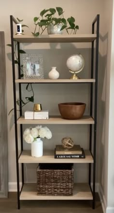 a shelf filled with books and vases next to a plant on top of it