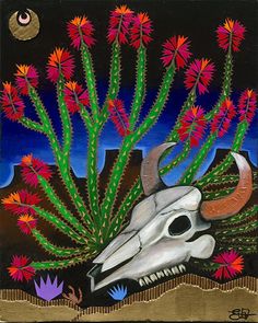 a painting of a bull's skull and cactus plants