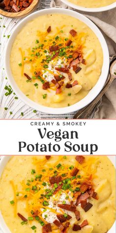 two bowls of creamy and smoky vegan potato soup with bacon, cheese and sour cream