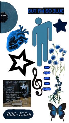 blue and black items are arranged in the shape of a person, butterfly, star, music note, etc