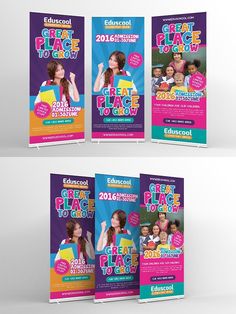 three colorful flyers for an event with different colors and designs on the front, back and sides