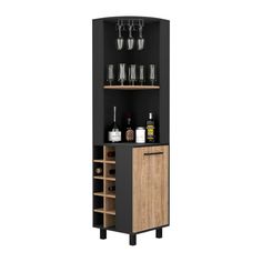 an open cabinet with wine glasses and bottles on it's sides, in front of a white background