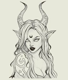 a drawing of a woman with horns on her head