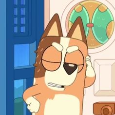 a cartoon cat with glasses on standing in front of a door