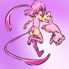 a drawing of a girl with pink hair holding a cat on her back and another dog in the foreground