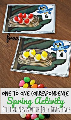 one to one correspondence for spring activity with jelly beans and an owl on the tree