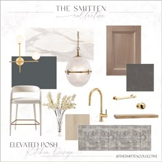 an interior design board with neutrals and gold accents