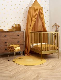 a baby's room with a canopy bed and dresser