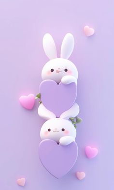 two bunny rabbits holding onto each other with hearts floating around them on a purple background